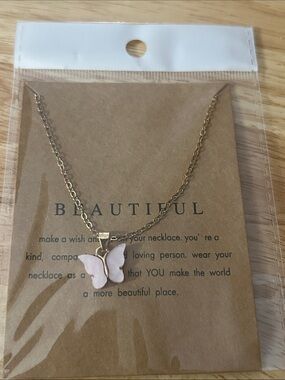 Gold Chain Necklace with Pink Butterfly Pendant -